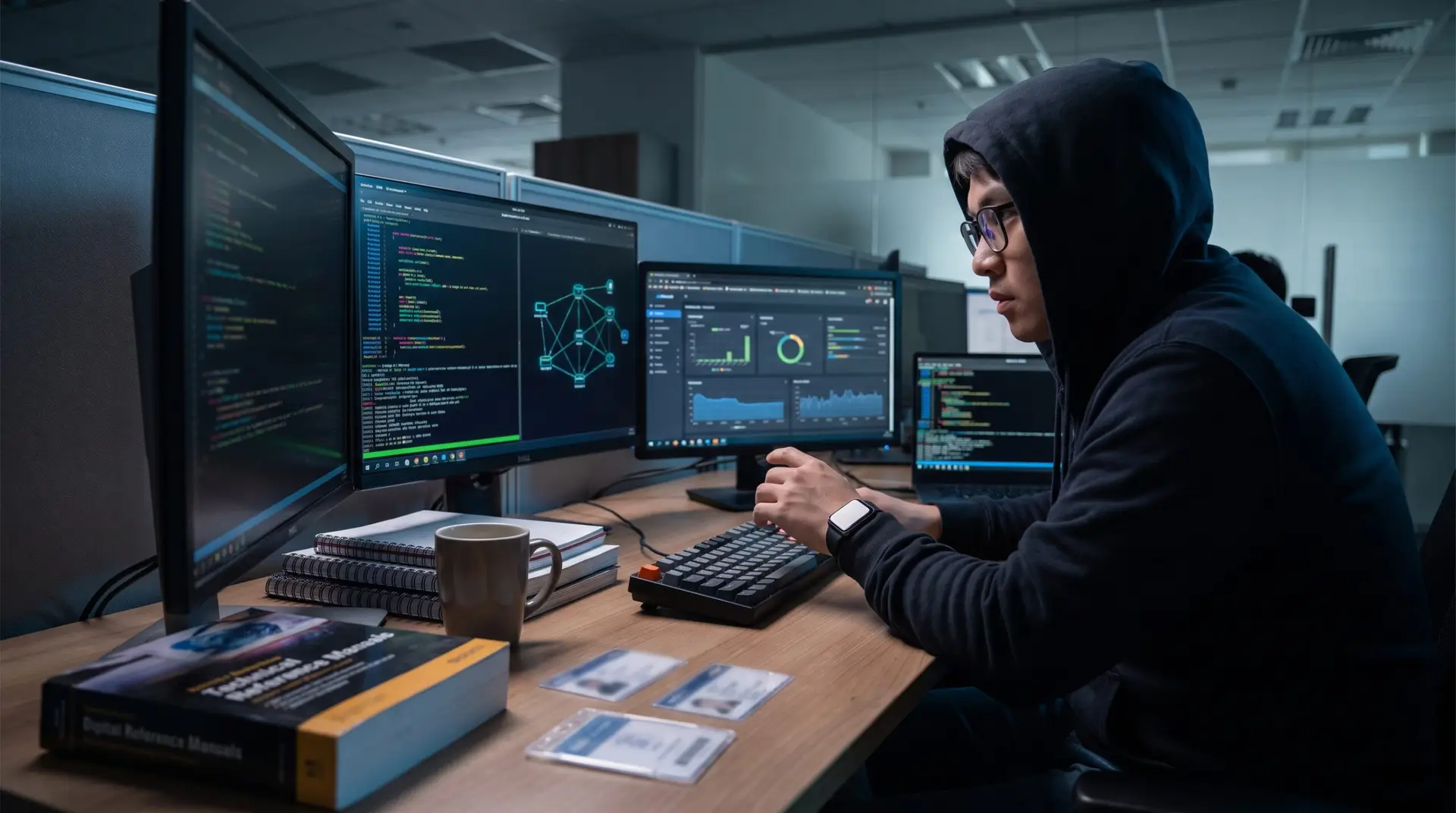 Cybersecurity professional focused on penetration testing at a workstation with multiple monitors showing security…