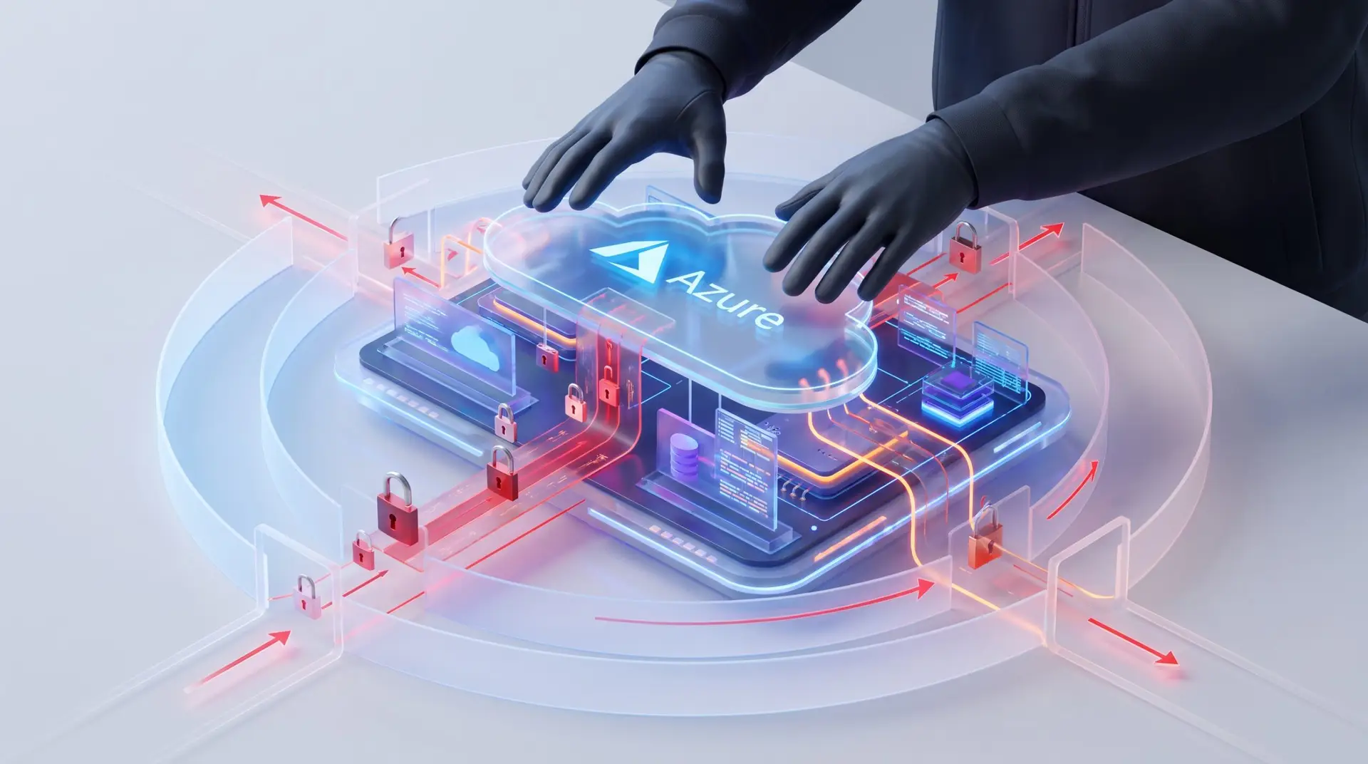Red team professional exploiting Azure cloud infrastructure with cascading attack pathways and security barriers.