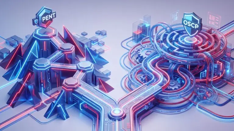 Two distinct career paths diverging toward different security certification endpoints in a digital landscape.