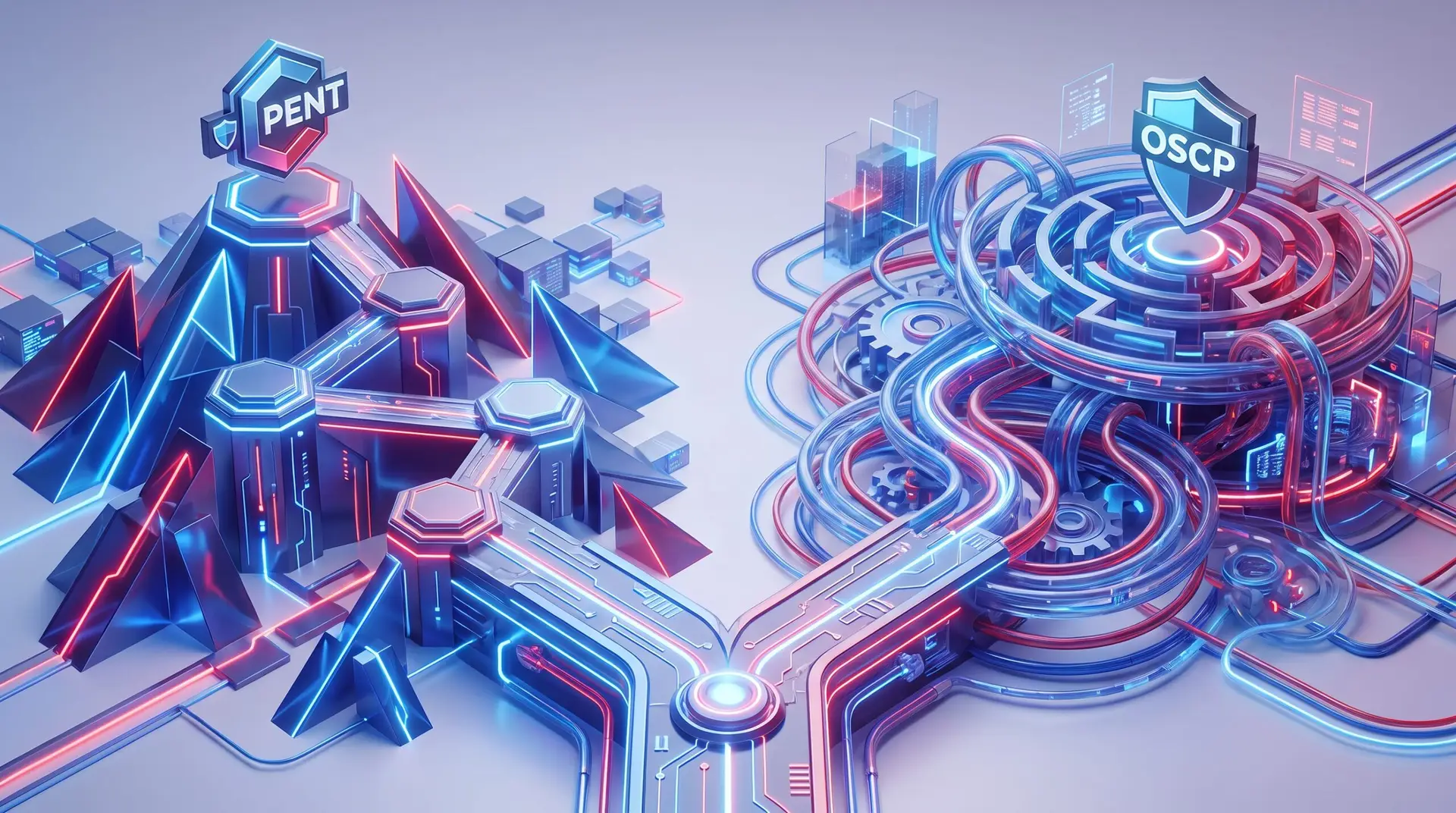 Two distinct career paths diverging toward different security certification endpoints in a digital landscape.