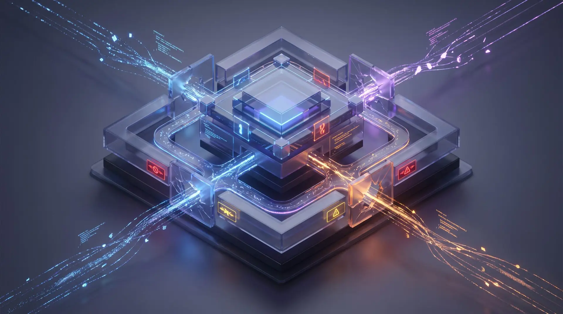 Multi-layered digital security structure with interconnected vulnerability nodes and exploitation pathways visualized…