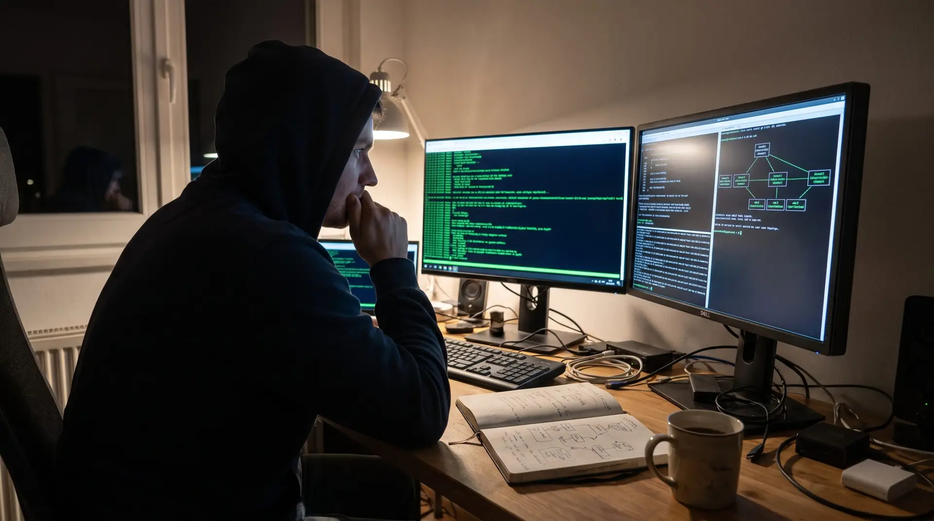 Penetration tester working at computer terminal with exploit code and network enumeration visible on monitors