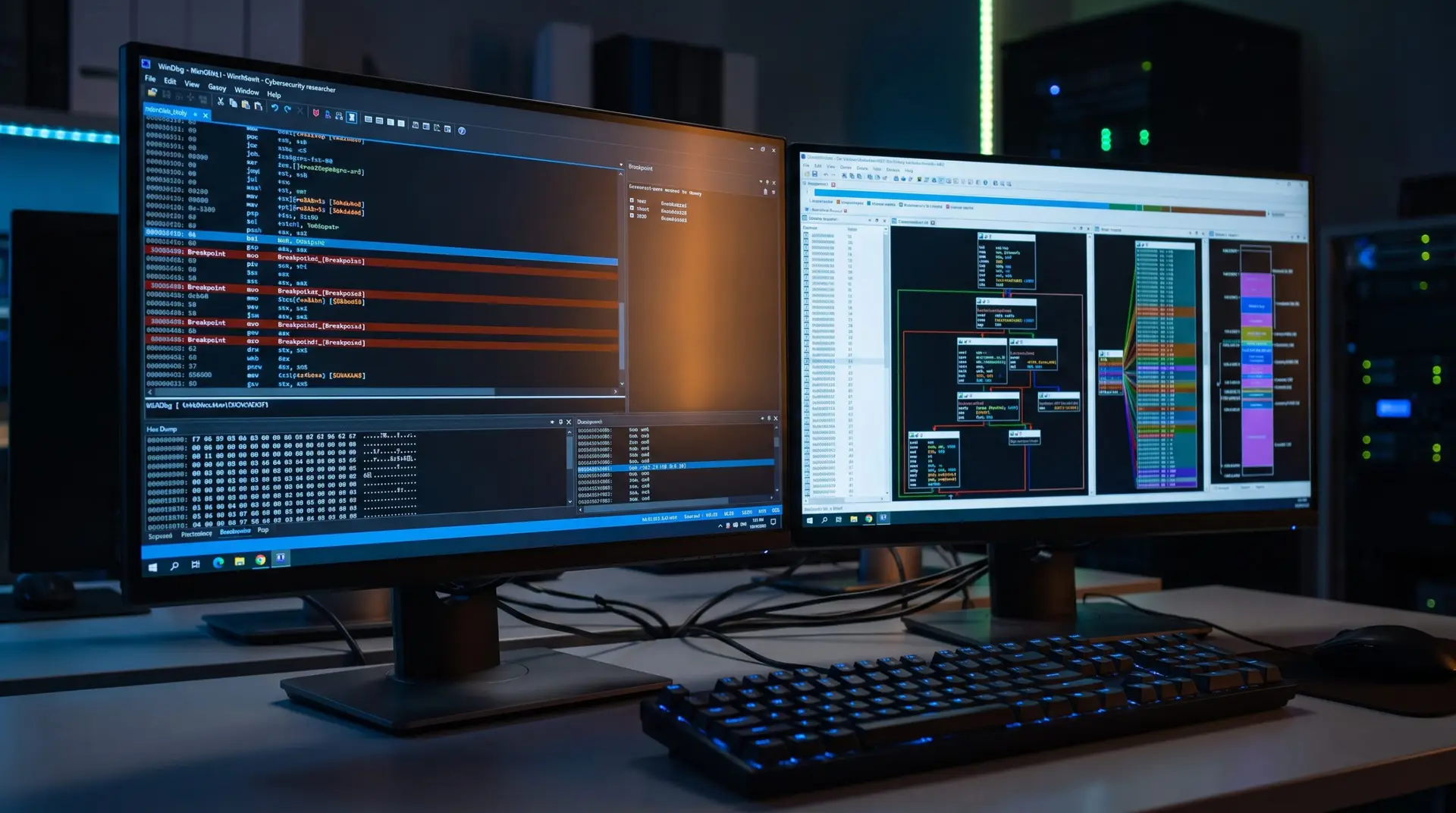 A developer's desk with dual monitors showing Windows assembly code and debugger output under professional lighting.