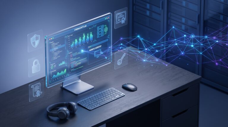 Remote desktop interface showing a secure cybersecurity lab environment with glowing connection lines symbolizing…